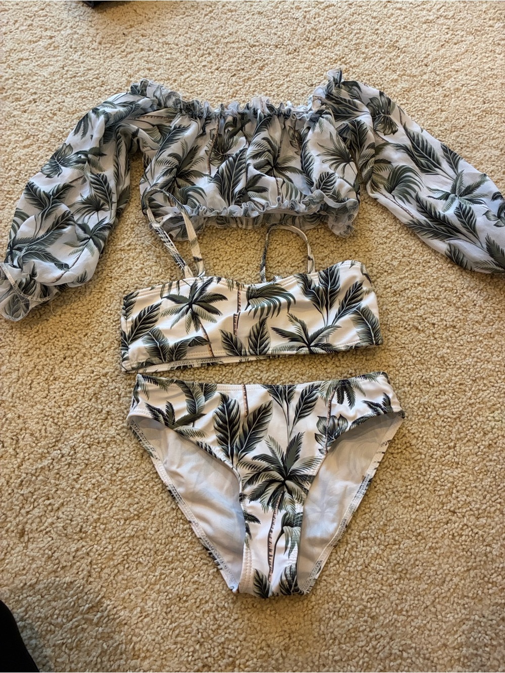 Kids White Palm-Print Two-Piece Swimsuit with matching sheer top